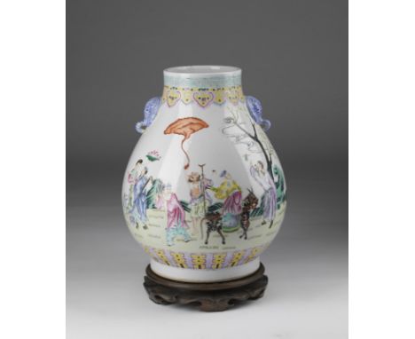 Chinese Art Large famille rose  hu vase bearing an iron red Qianlong seal mark at the base China, Qing dynasty, 19th century.