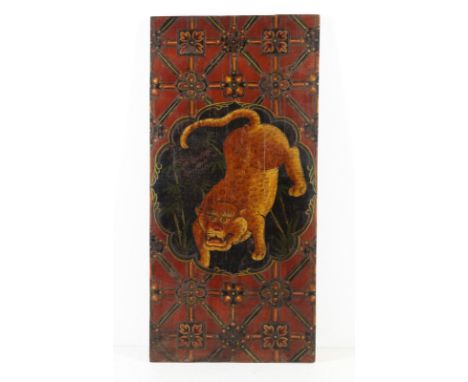 Himalayan Art A lacquered panel painted with roaring tigerTibet, 19th century. . Cm 59,00 x 120,50. Panel in brightly colored