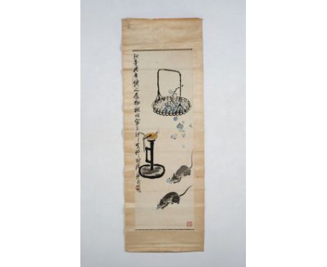 Chinese Art A Qi Bai Shi style scroll painted with miceChina, 20th century . . Cm 34,00 x 104,00.  Frame present