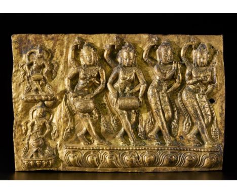Himalayan Art A Densatil style gilded copper plaque with four female deities Central Tibet, 14th-15th century . . Cm 49,30 x 