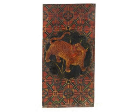 Himalayan Art A lacquered panel with tigerTibet, 19th century. . Cm 61,00 x 120,00. small panel in brightly colored lacquer d