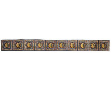 Himalayan Art A rare ten seats woollen runner carpet Tibet, second half 19th century . . Cm 70,50 x 693,00. Provenance: Priva