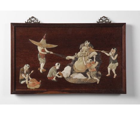 Chinese Art A hard wood panel decorated with soapstone inlays China, Qing dynasty, 19th century . . Cm 68,00 x 41,50.