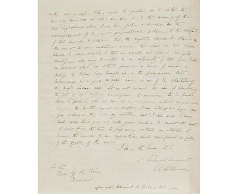 *Relief of Sir John Franklin. Autograph letter signed by Richard Collinson (1811-1883), 'R. Collinson', no place, no date [en