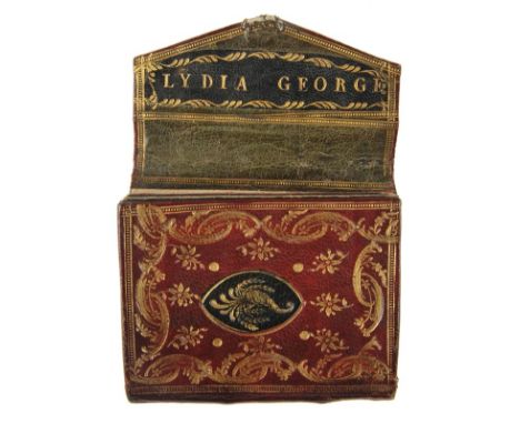 *Sewing. A leather needlecase belonging to Lydia George, 1786,  four red felt leaves, with several old needles inserted, blue