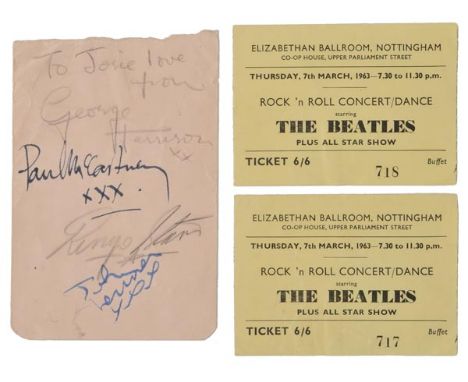 *The Beatles. A set of autographs on a small pink album leaf, [1963],  inscribed and signed by George Harrison in pencil at h