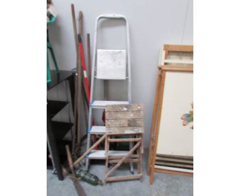 2 step ladders, garden tools etc