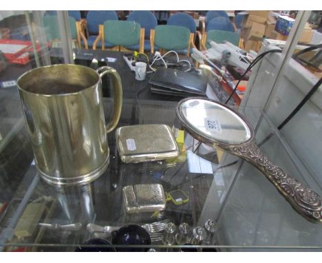 A silver backed hand mirror, a silver plate vesta, cigarette case and tankard