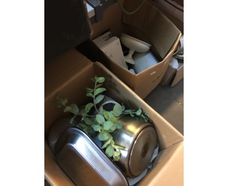 2 BOXES OF KITCHEN ITEMS, PANS, SCALES, GLASSES ETC