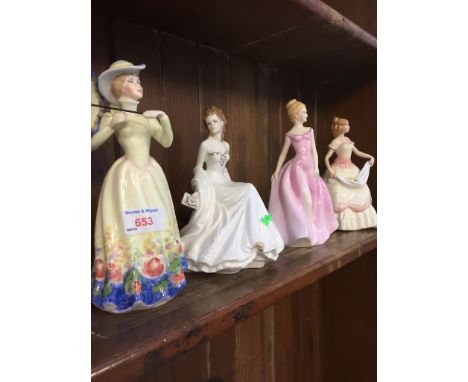 ONE WORCESTER FIGURE,  A DOULTON FIGURE AND 2 OTHERS. CONDITION:  NO SIGNS OF DAMAGE. HEIGHTS 19-21.5CM. THE ROYAL DOULTON FI