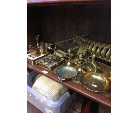 SHELF OF BRASS AND COPPER WARE     