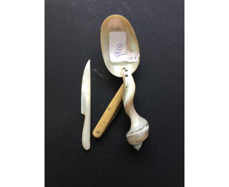 MOTHER OF PEARL AND SHELL SPOON, KNIFE AND OTHER POCKET KNIFE    C
