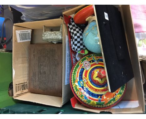 GLOBE ATLAS, PUPPET, SINGING METAL SPINNING TOP, WOOD BOX ETC