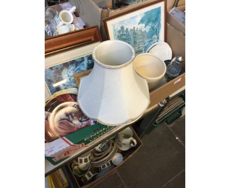 2 BOXES OF PLATES, POTTERY, PICTURES, TABLE LAMP ETC   T2