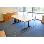 Lot-(2) Credenzas, (3) Tables, (2) Bookcase, (1) Pedestal Stand, (1) Cart, and (1) Dry Erase Board