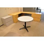 Lot-(2) Desks, (1) Table, (3) Lateral File Cabinets, (1) Overhead Cabinet, and (1) Pedestal Stand,
