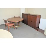 Lot-(3) Tables, (5) 2-Door Storage Cabinets, (2) Chairs, Waste Baskets, and (1) Dry Erase Board,