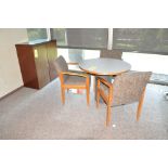 Lot-(1) Round Table, (3) Chairs, (1) Lateral File Cabinet, (1) Table, and (1) 2-Door Storage