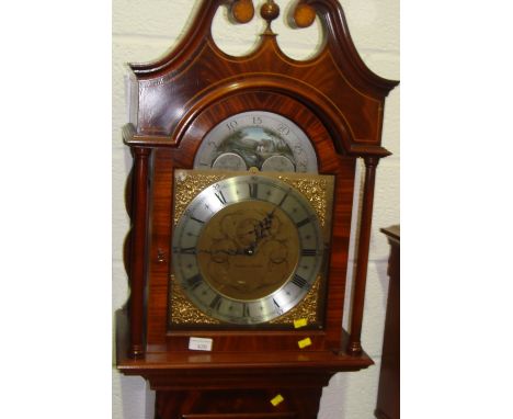 20th century Comitti of London longcase clock with arched silver and brass face, automaton cottage dial, in mahogany veneered