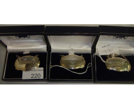 3 x solid silver decanter labels, Gin & 2 Sherry, Birm. 2011 27 g by in original presentation cases by C Robathan & Sons