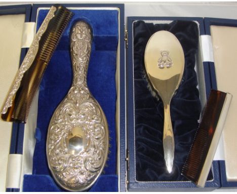 Silver back brush & comb set in presentation case by Broadway & Co. 1995, & childs comb & brush set with teddy bear decoratio