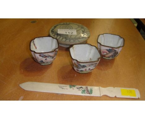 Chinese ginger jar pot lid, set of three Canton enamel miniature tea bowls, 19th century Oriental painted on ivory book mark 