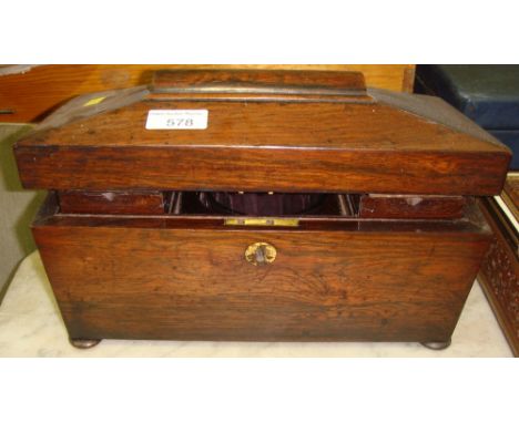 19th century rosewood sarcophagus tea caddy with fitted interior and blending bowl