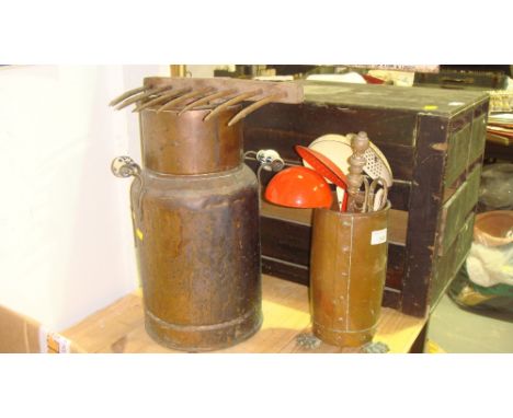 Copper churn, rake and enamel skimmers