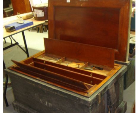 19th century pine carpenters tool chest with mahogany fitted interior and tools including block planes, drills etc.