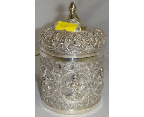 Indian embossed silver jar and cover decorated with dancers in panels