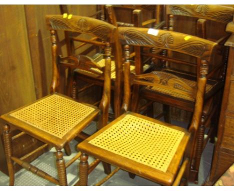 Set of 6 19th century carved and bobbin turned cane seated faux rosewood sidechairs & walnut demi lune sidetable