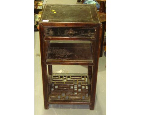 Early 20th century Chinese hardwood cabinet with single drawer and shelf under with carved decoration