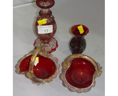 19 th century Bohemian clear and ruby cut glass scent bottle, ruby & lustre glass vase, 2 x Murano style baskets