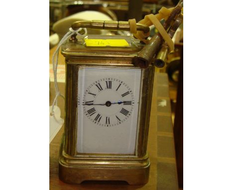 19th century miniature French brass & bevelled glass carriage clock with painted enamel dial Roman numeral chapter ring