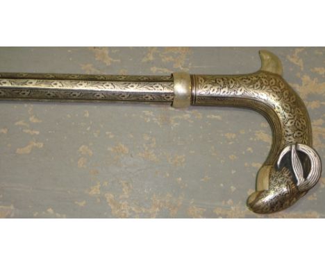 Vintage Islamic niello work walking stick with rams head handle