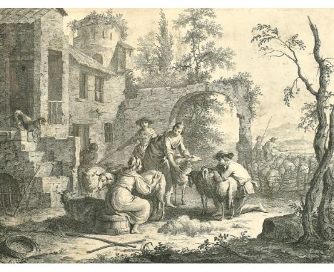 Bartolozzi after Zocchi, a scene of sheep shearing, etching and engraving, and an engraving by Berardi of an anointment, and 