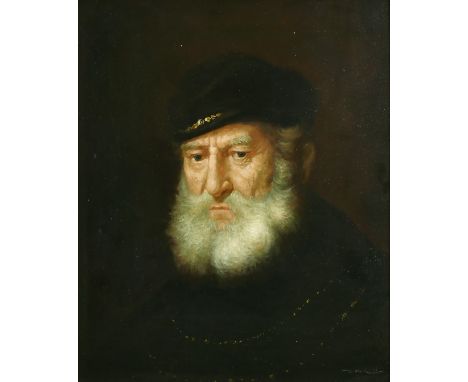 W. Moroni (20th Century) after Rembrandt, Portrait of a bearded gentleman wearing a cap, oil on canvas, signed, 24" x 20", (6