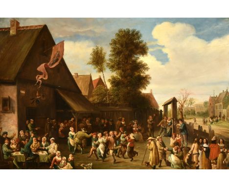 Circle of David Teniers the Younger, figures making merry outside a tavern and in the road beyond, oil on cradled panel, 19" 