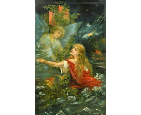 19th Century Continental School, a female figure in the arms of an angel surrounded by choppy water, oil on panel in a cartou