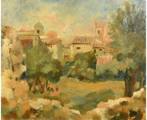 20th Century School, figures in a field before a Southern town, oil on panel, with a native American Indian totem painted ver