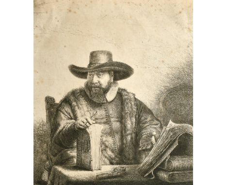 After Rembrandt, Cornelis Claesz seated at a table with books, etching, 7" x 6", (18 x 15cm), (unframed).