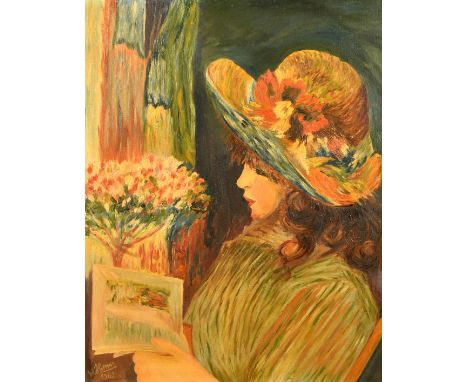 Continental School circa 1961, Portrait of a lady wearing a wide-brimmed hat with flowers and holding papers, oil on canvas, 