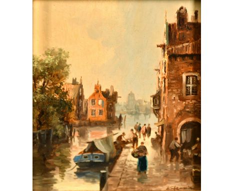 Erich Demmin (1911-1997) Dutch, A Dutch canal scene with buildings and figures unloading a barge, oil on panel, signed, 4.75"