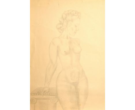 Early 20th Century, a pencil sketch of a female nude leaning on an ionic column, 24" x 17", (61 x 43cm), (unframed).
