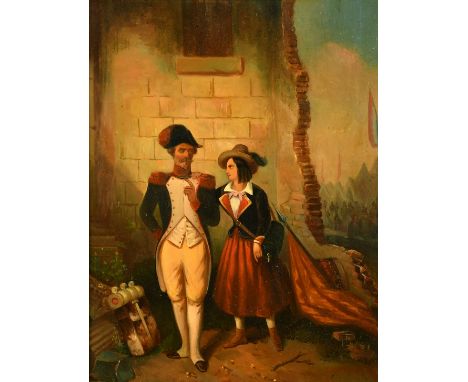 Late 19th Century French School, A military officer standing inside ruins with a young lady away from a marching crowd, oil o