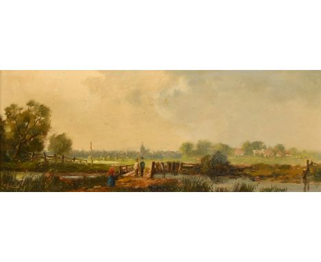 Erich Demmin (1911-1997) Dutch, A pair of rural landscapes one with figures crossing a bridge looking towards a town with hou