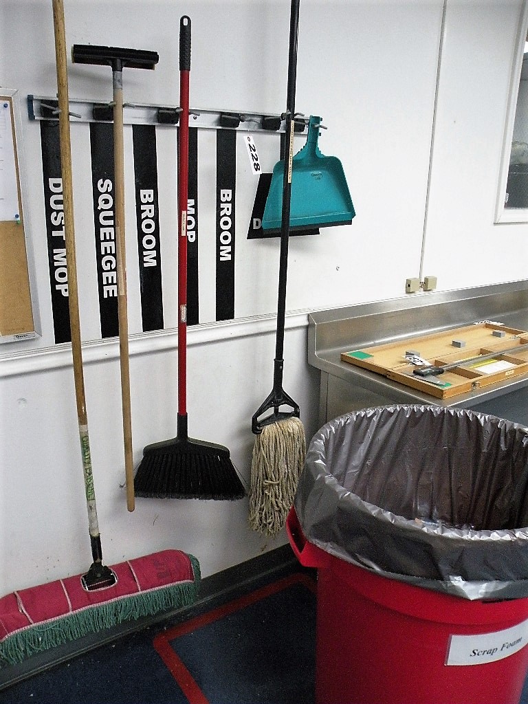 Brooms, Mop & Trash Can