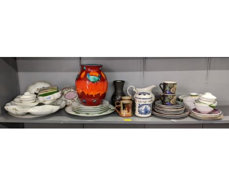 Mixed ceramics and china to include a Poole pottery vase, mixed dinner plates, decorative plates, a model cat and othersLocat