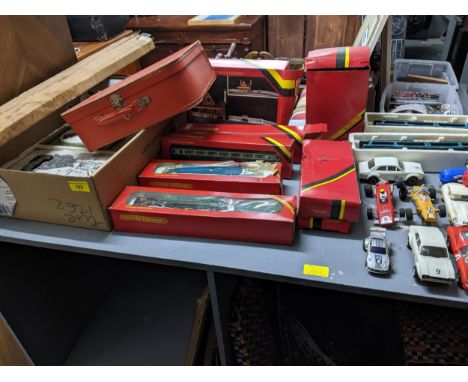 Mixed toys to include a Hornby Railways set, Scalextric set with various racing cars, and a Porsche Turbo 935 1/50 diecast mo