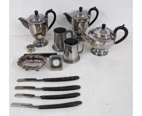 Silver plate, EPNS and pewter to include a teapot, two coffee pots, two tankards, a comb, napkin rings, trinket dish, a quart